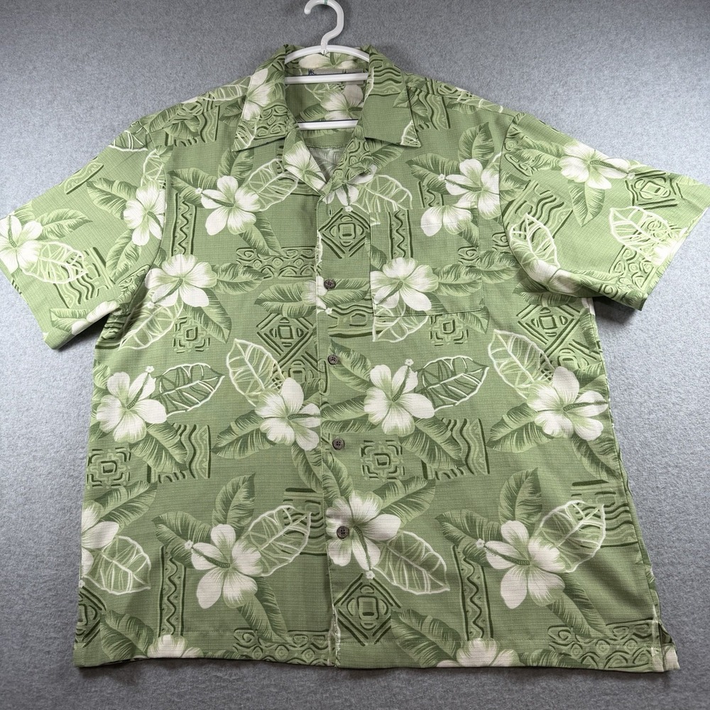 Island Shores Hawaiian Shirt L Retro Green Hibiscus Floral Casual Camp Aloha